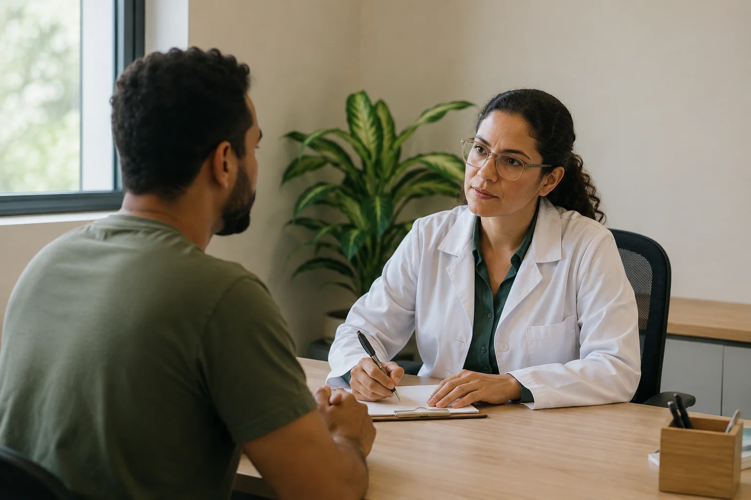 Médica em uma consulta ocupacional, ouvindo um trabalhador com atenção